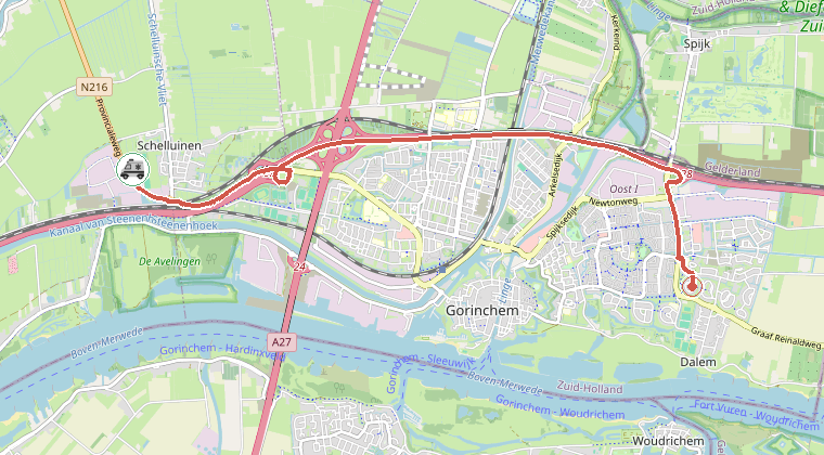 Kaart van de omgeving van de melding, met de kazerne die is gealarmeerd