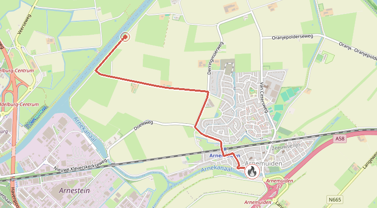 Kaart van de omgeving van de melding, met de kazerne die is gealarmeerd