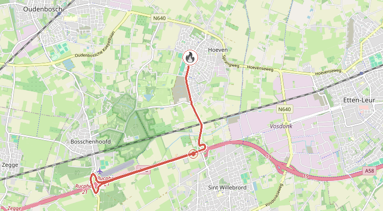 Kaart van de omgeving van de melding, met de kazerne die is gealarmeerd