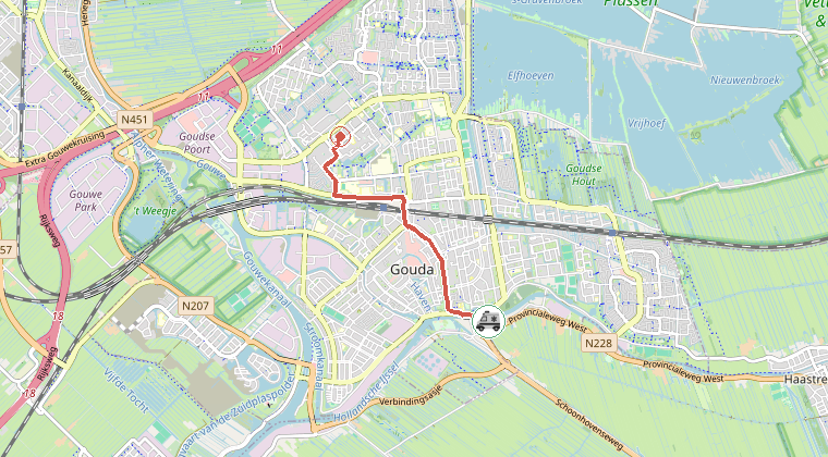Kaart van de omgeving van de melding, met de kazerne die is gealarmeerd