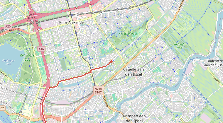 Kaart van de omgeving van de melding, met de kazerne die is gealarmeerd