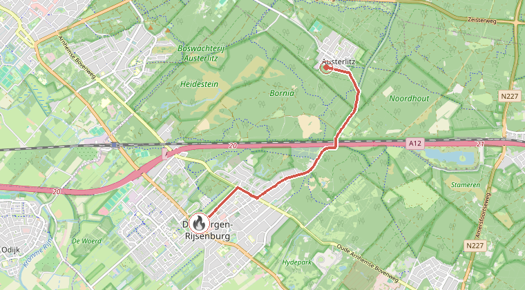 Kaart van de omgeving van de melding, met de kazerne die is gealarmeerd