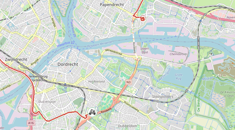 Kaart van de omgeving van de melding, met de kazerne die is gealarmeerd