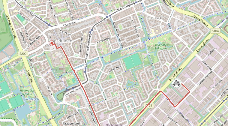 Kaart van de omgeving van de melding, met de kazerne die is gealarmeerd