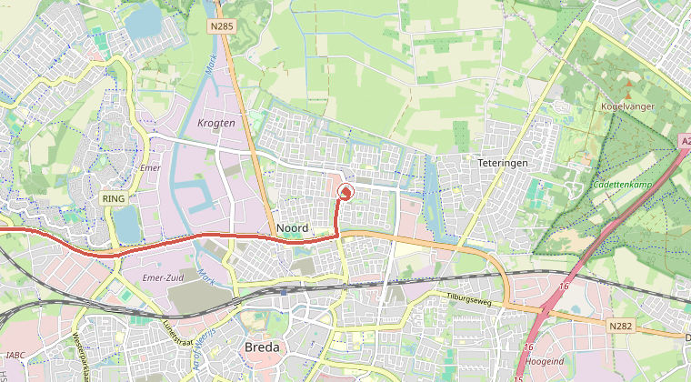 Kaart van de omgeving van de melding, met de kazerne die is gealarmeerd