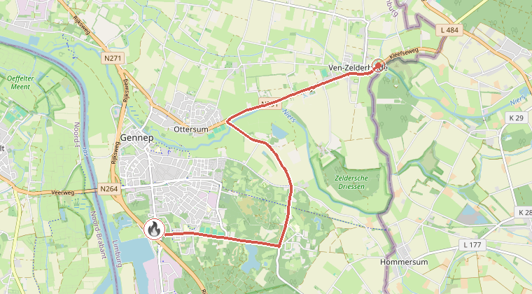 Kaart van de omgeving van de melding, met de kazerne die is gealarmeerd