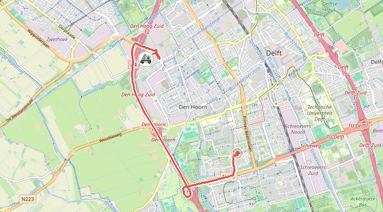 Kaart van de omgeving van de melding, met de kazerne die is gealarmeerd