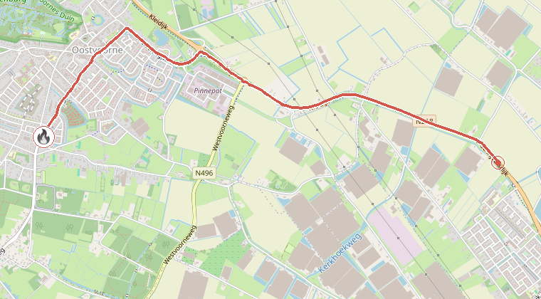 Kaart van de omgeving van de melding, met de kazerne die is gealarmeerd