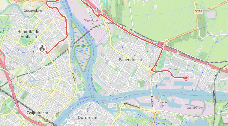 Kaart van de omgeving van de melding, met de kazerne die is gealarmeerd