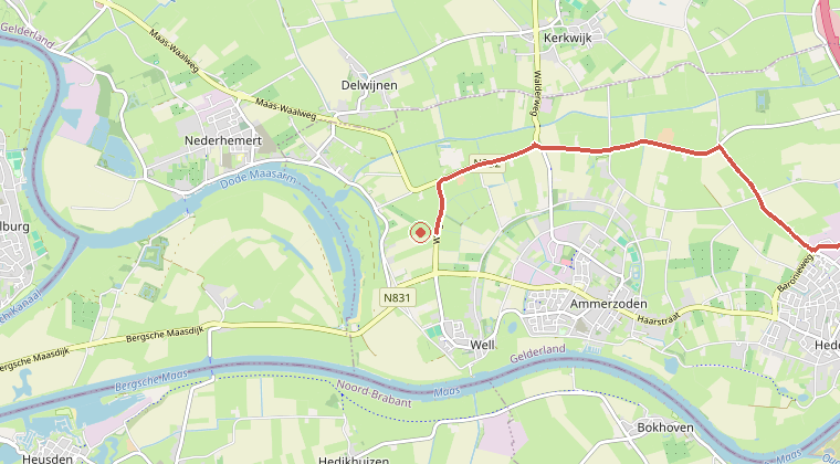 Kaart van de omgeving van de melding, met de kazerne die is gealarmeerd