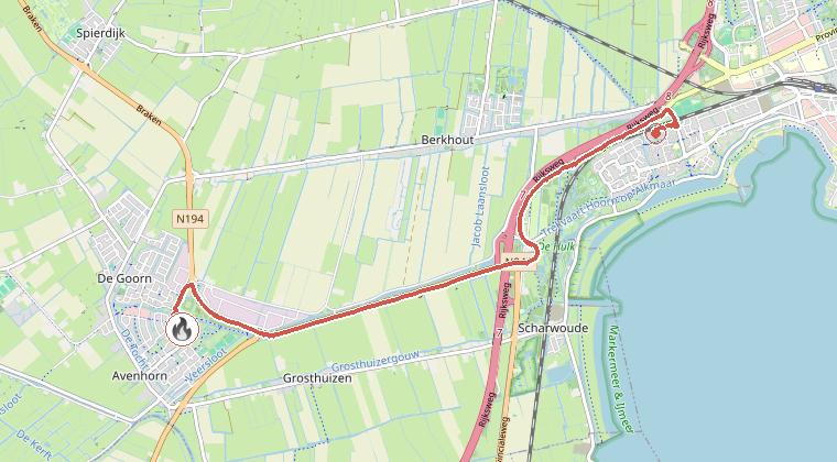 Kaart van de omgeving van de melding, met de kazerne die is gealarmeerd