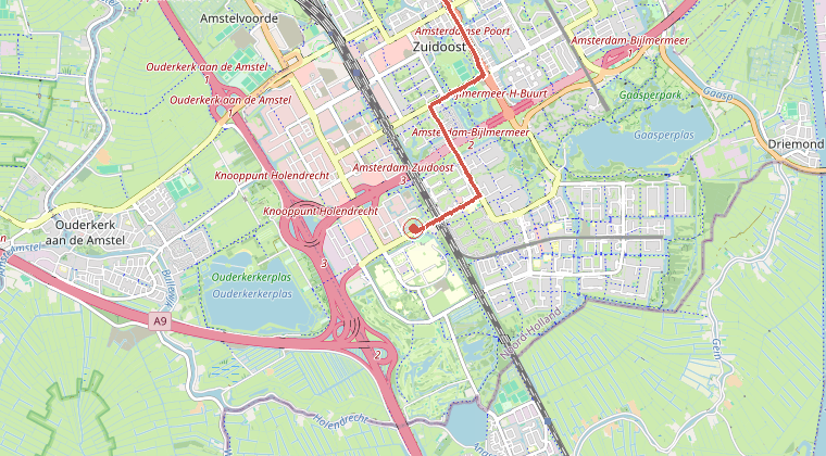 Kaart van de omgeving van de melding, met de kazerne die is gealarmeerd