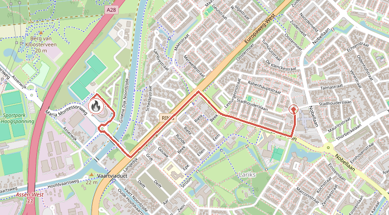 Kaart van de omgeving van de melding, met de kazerne die is gealarmeerd