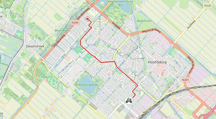 Kaart van de omgeving van de melding, met de kazerne die is gealarmeerd