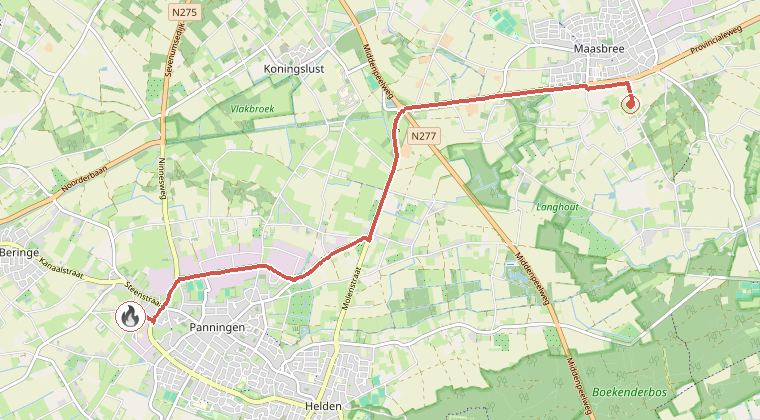 Kaart van de omgeving van de melding, met de kazerne die is gealarmeerd