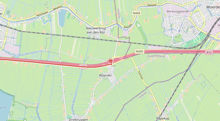 Kaart van de omgeving van de melding, met de kazerne die is gealarmeerd