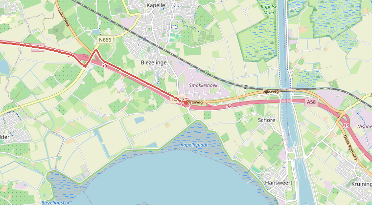 Kaart van de omgeving van de melding, met de kazerne die is gealarmeerd