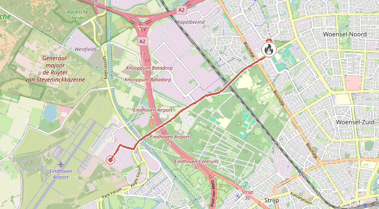 Kaart van de omgeving van de melding, met de kazerne die is gealarmeerd