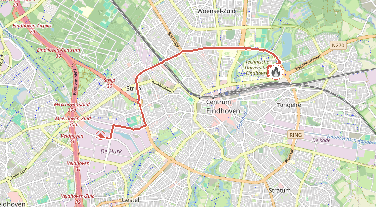 Kaart van de omgeving van de melding, met de kazerne die is gealarmeerd