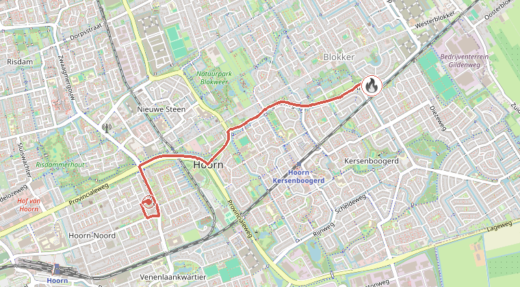 Kaart van de omgeving van de melding, met de kazerne die is gealarmeerd
