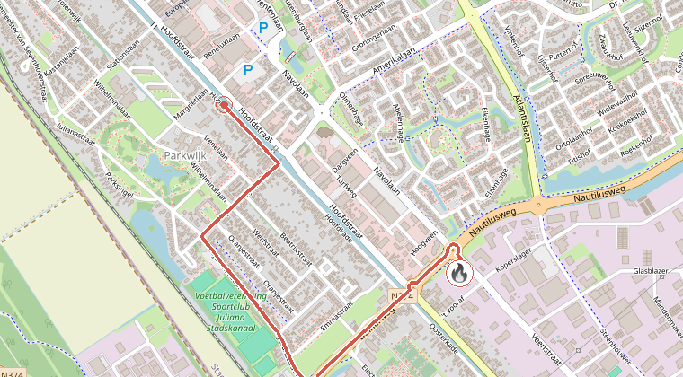 Kaart van de omgeving van de melding, met de kazerne die is gealarmeerd