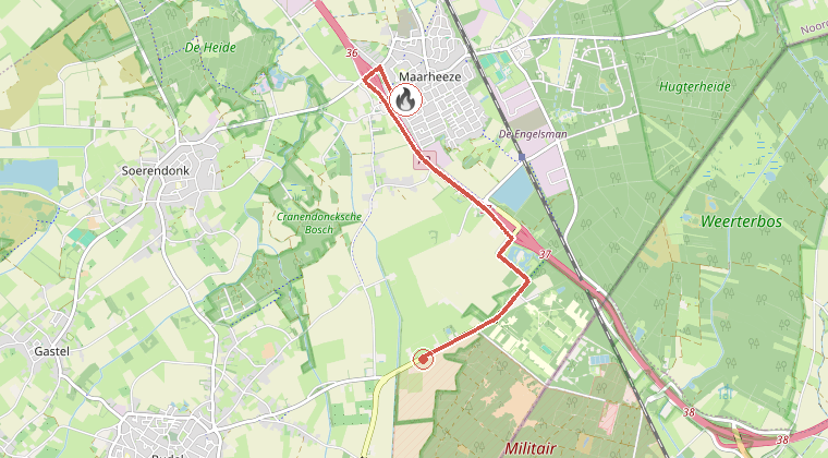 Kaart van de omgeving van de melding, met de kazerne die is gealarmeerd