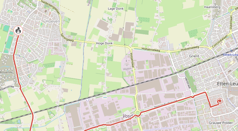Kaart van de omgeving van de melding, met de kazerne die is gealarmeerd