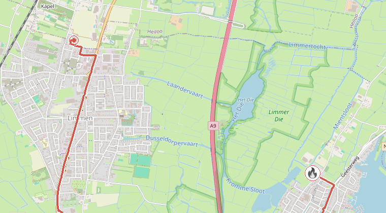 Kaart van de omgeving van de melding, met de kazerne die is gealarmeerd