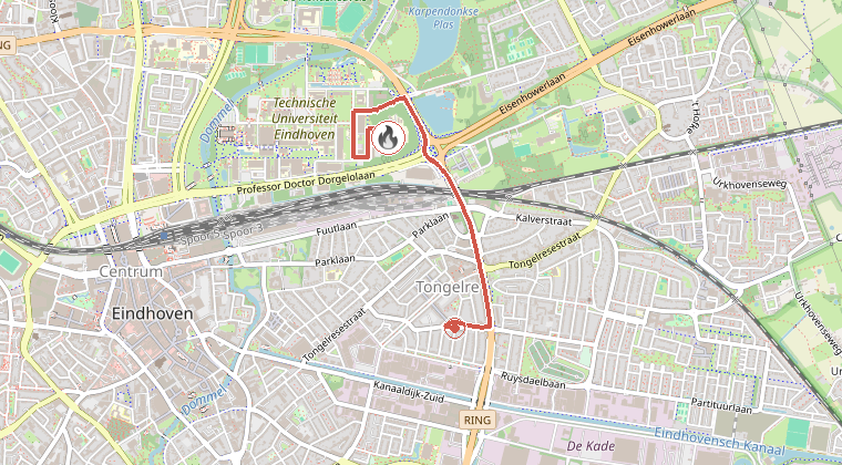 Kaart van de omgeving van de melding, met de kazerne die is gealarmeerd