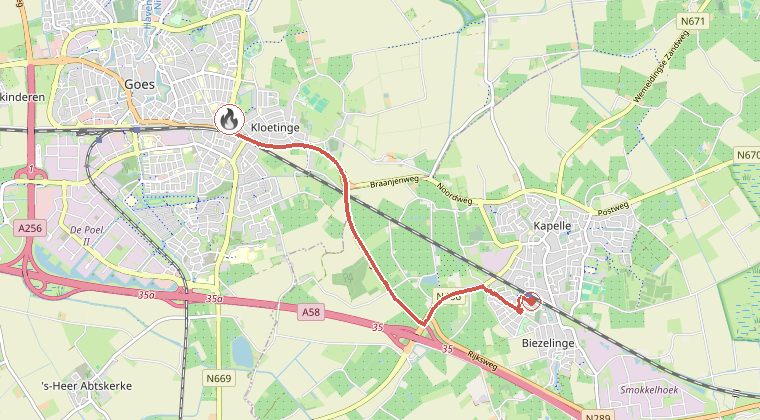 Kaart van de omgeving van de melding, met de kazerne die is gealarmeerd