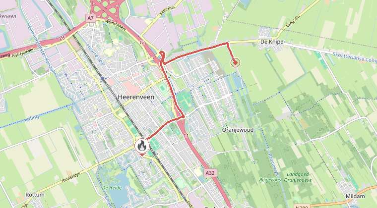 Kaart van de omgeving van de melding, met de kazerne die is gealarmeerd