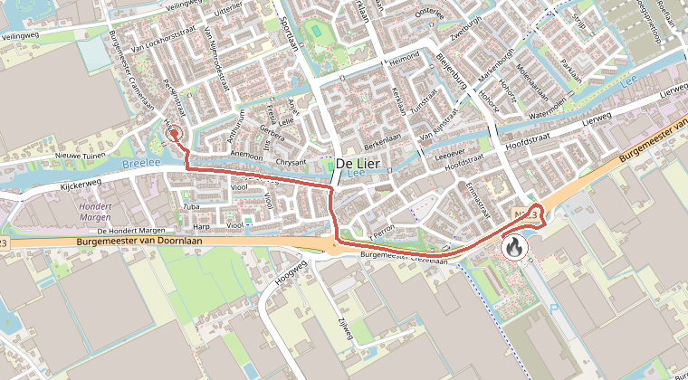 Kaart van de omgeving van de melding, met de kazerne die is gealarmeerd