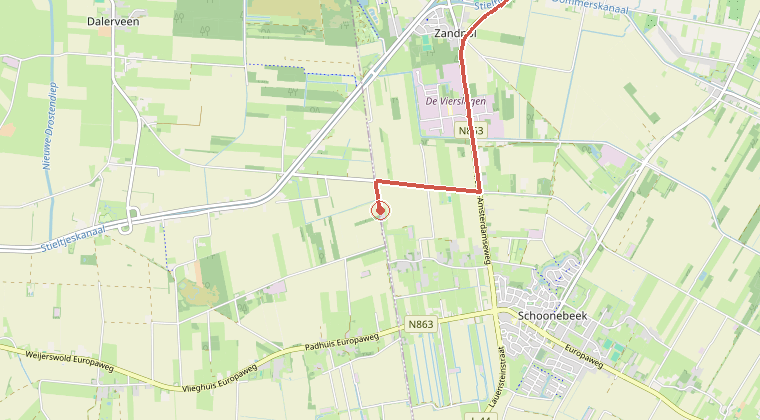 Kaart van de omgeving van de melding, met de kazerne die is gealarmeerd
