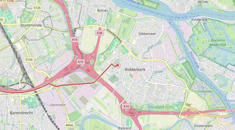 Kaart van de omgeving van de melding, met de kazerne die is gealarmeerd
