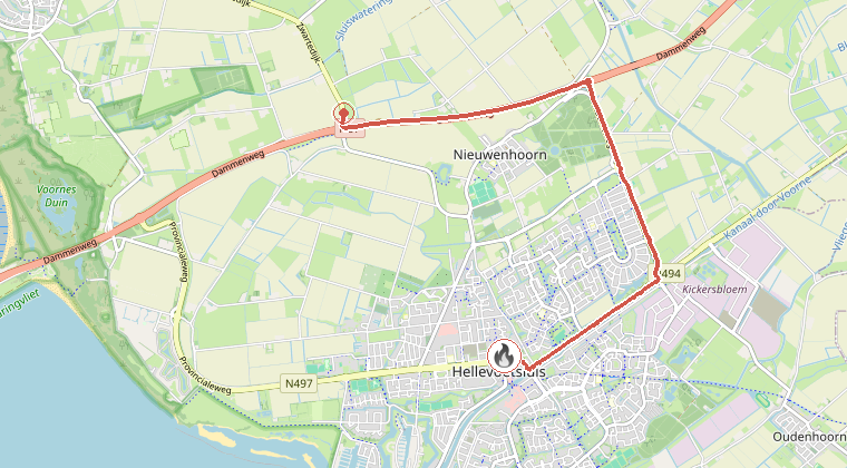 Kaart van de omgeving van de melding, met de kazerne die is gealarmeerd