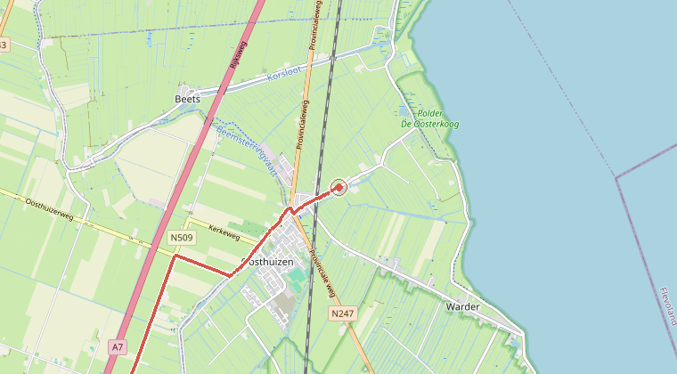 Kaart van de omgeving van de melding, met de kazerne die is gealarmeerd