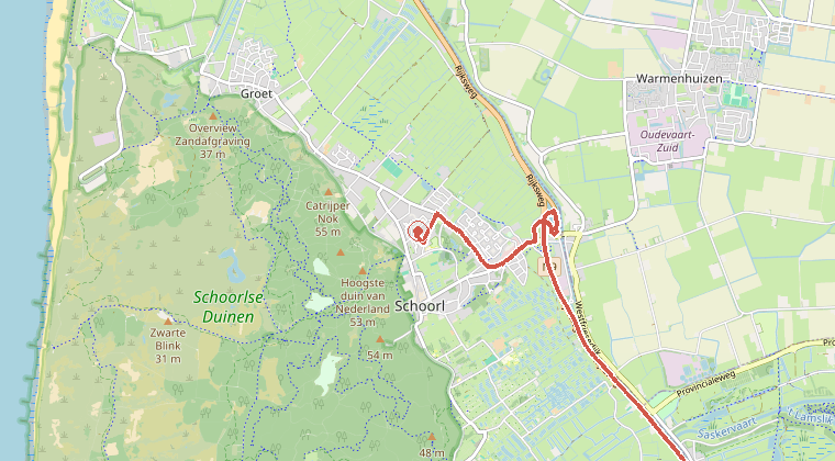 Kaart van de omgeving van de melding, met de kazerne die is gealarmeerd