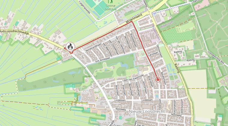 Kaart van de omgeving van de melding, met de kazerne die is gealarmeerd