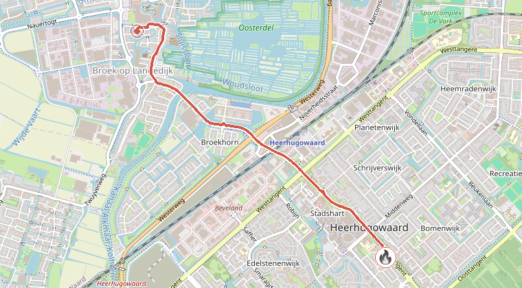 Kaart van de omgeving van de melding, met de kazerne die is gealarmeerd