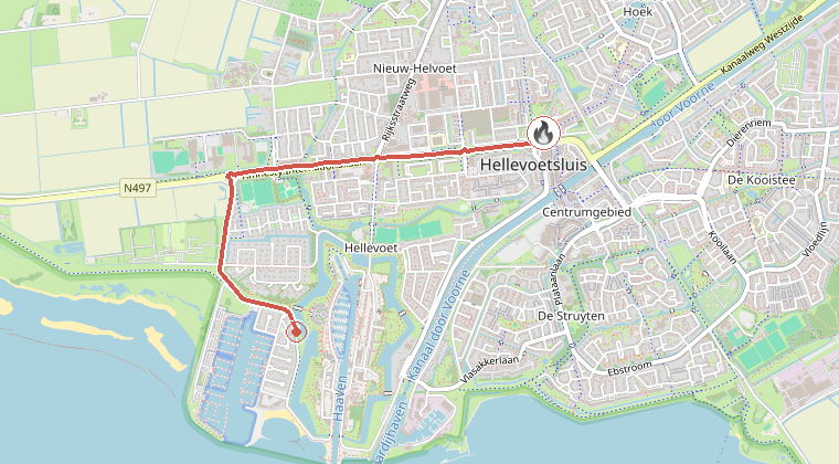 Kaart van de omgeving van de melding, met de kazerne die is gealarmeerd