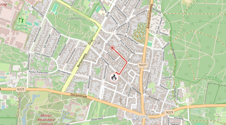 Kaart van de omgeving van de melding, met de kazerne die is gealarmeerd
