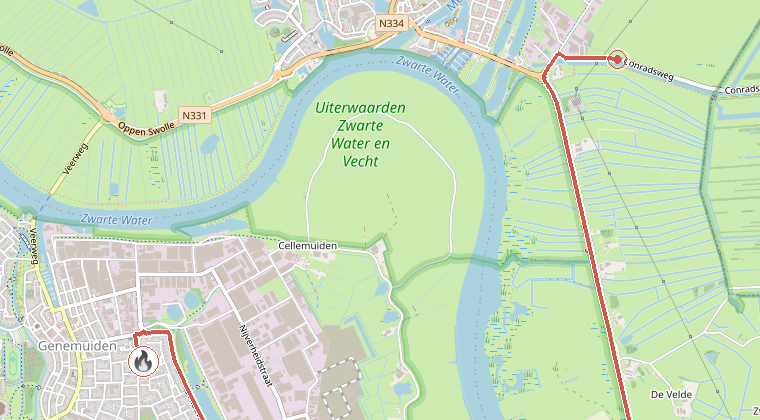 Kaart van de omgeving van de melding, met de kazerne die is gealarmeerd