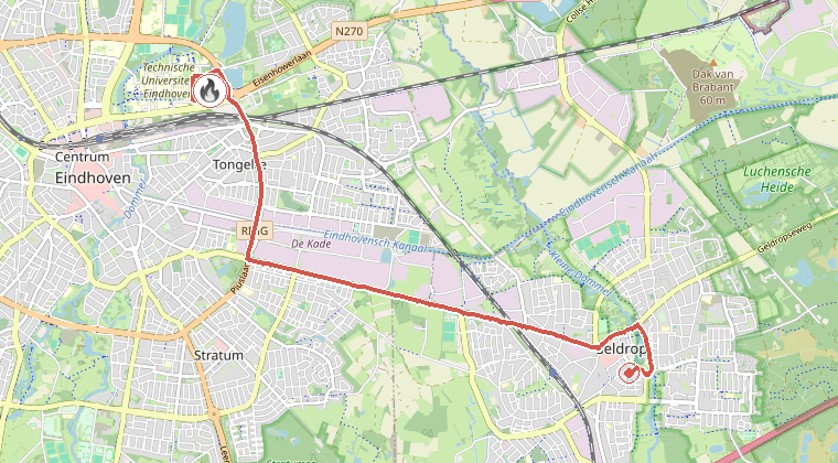 Kaart van de omgeving van de melding, met de kazerne die is gealarmeerd