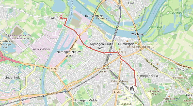 Kaart van de omgeving van de melding, met de kazerne die is gealarmeerd