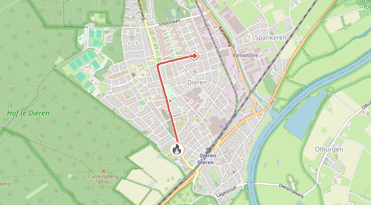 Kaart van de omgeving van de melding, met de kazerne die is gealarmeerd