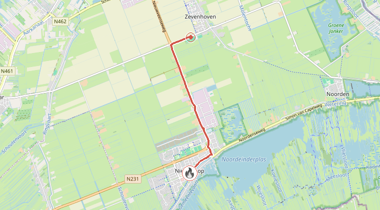 Kaart van de omgeving van de melding, met de kazerne die is gealarmeerd