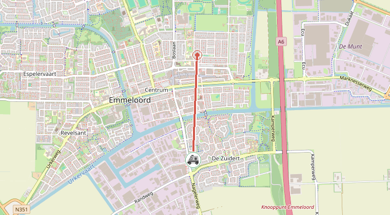 Kaart van de omgeving van de melding, met de kazerne die is gealarmeerd