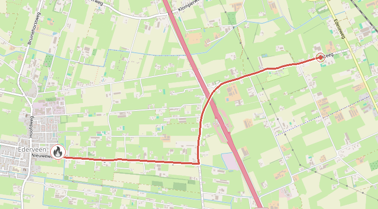 Kaart van de omgeving van de melding, met de kazerne die is gealarmeerd