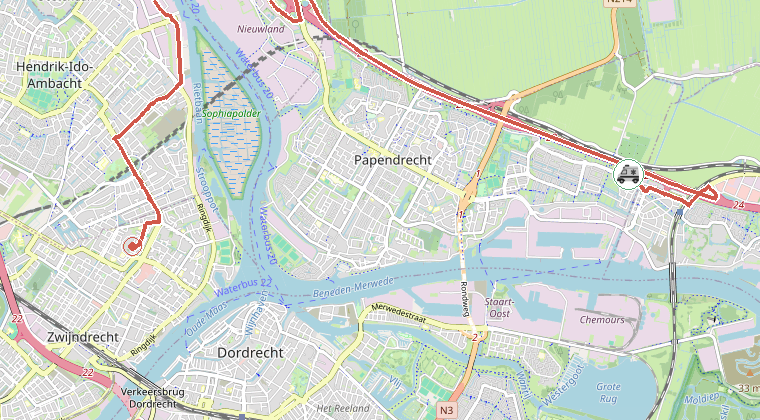 Kaart van de omgeving van de melding, met de kazerne die is gealarmeerd