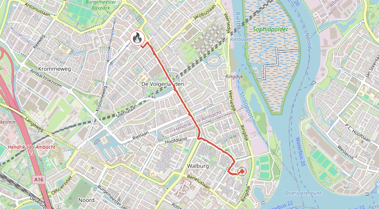 Kaart van de omgeving van de melding, met de kazerne die is gealarmeerd